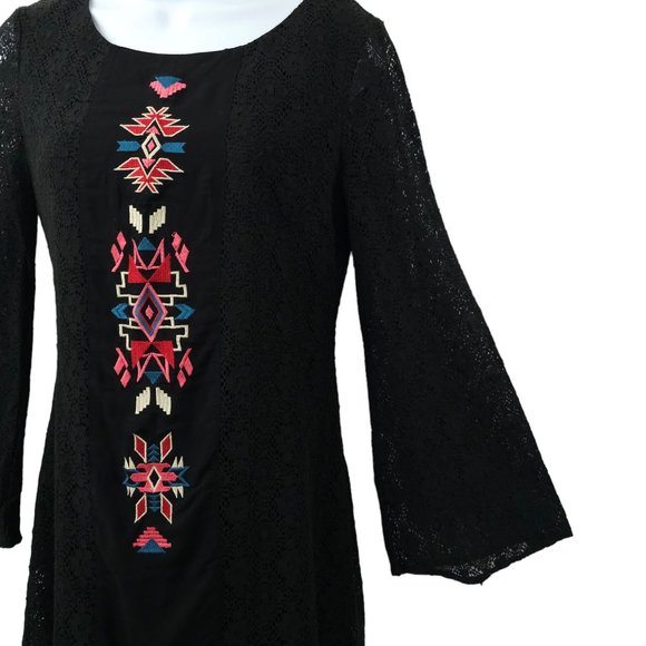Flying Tomato Aztec Boho Tunic Top Mini Dress Long Bell Sleeve Sz M Black Lace - Picture 13 of 16